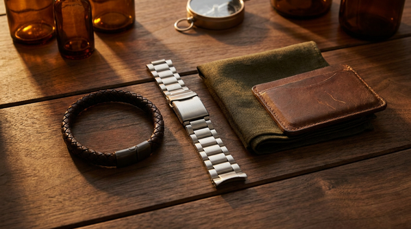 Vatertagsgeschenk – graviertes Lederarmband und Edelstahl-Armband auf Holz