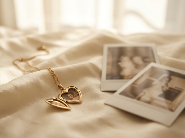 Goldene Halskette mit Foto-Medaillon auf Seide – Kette mit Bild