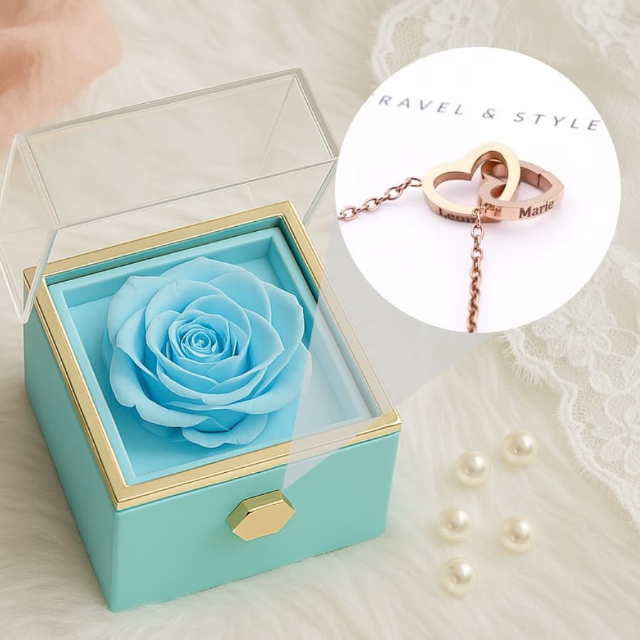 Ewige Rosenbox mit gravierter Doppelherz-Halskette