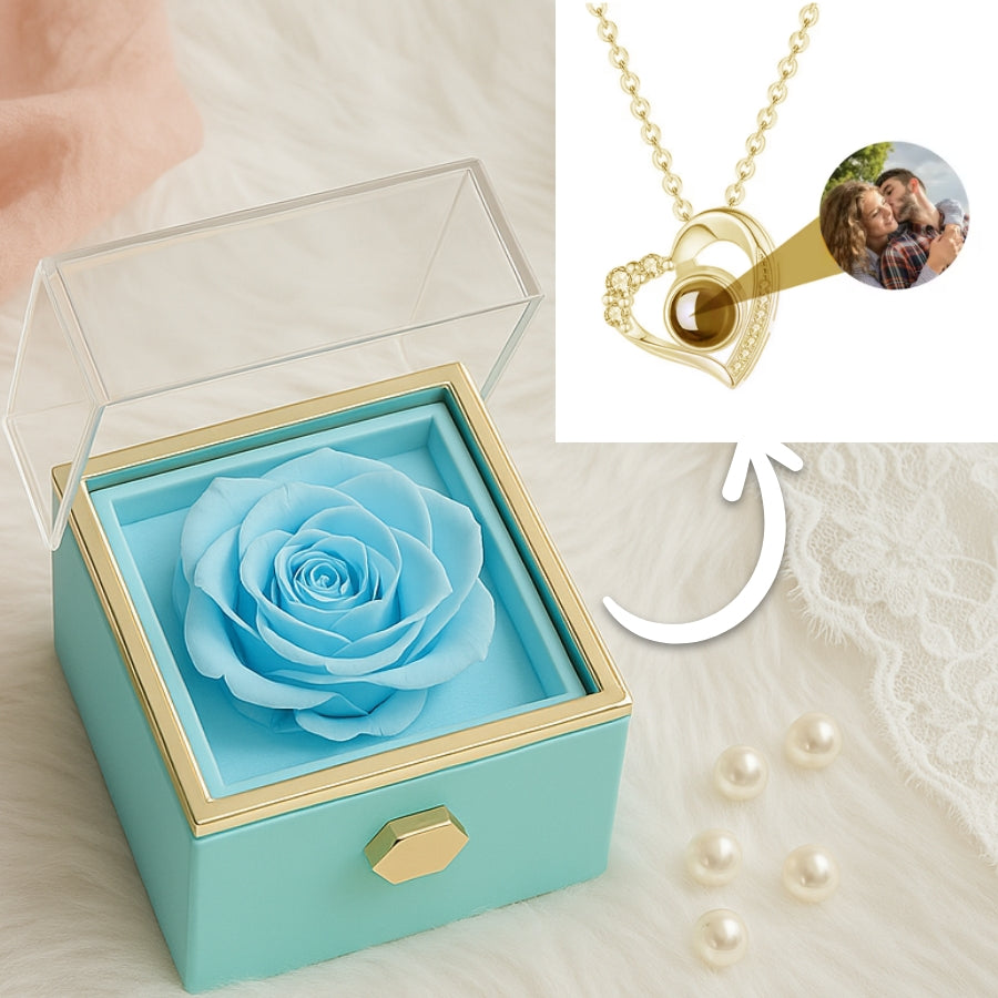 Foto Halskette mit deinem Lieblingsbild in ewiger Rosenbox – funkelndes Herz