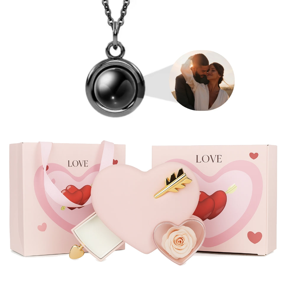 Foto Halskette mit deinem Lieblingsbild in ewiger Amor-Rosenbox – filigraner Punktanhänger