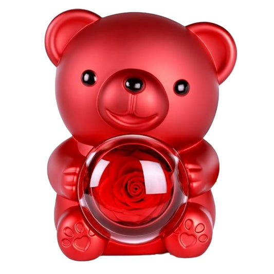 Ewige Teddy Rosenbox mit gravierter Doppelherz-Halskette