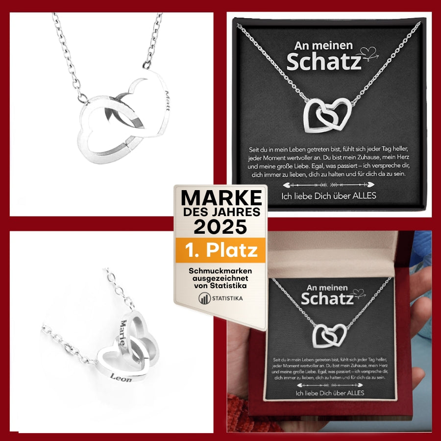 An meinen Schatz – Doppelherz Gravur in 14k Weißgold / 18k Gelbgold Veredelung