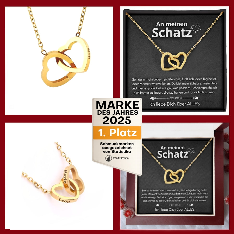 An meinen Schatz – Doppelherz Gravur in 14k Weißgold / 18k Gelbgold Veredelung