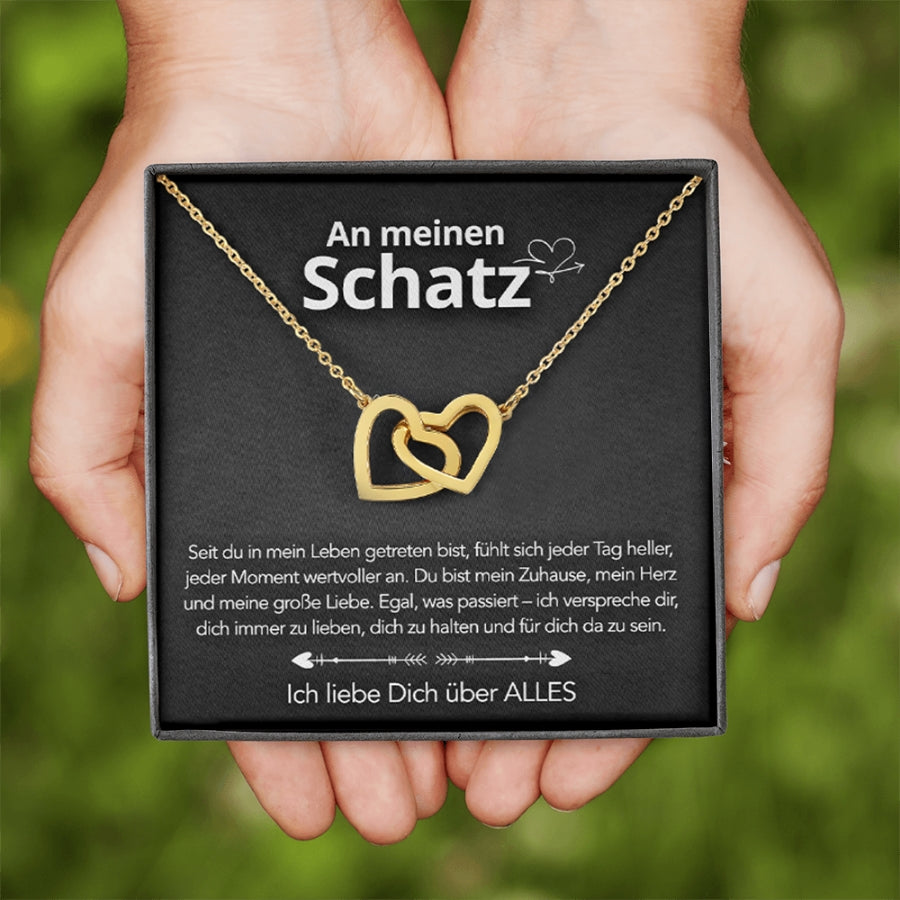 An meinen Schatz – Doppelherz Gravur in 14k Weißgold / 18k Gelbgold Veredelung
