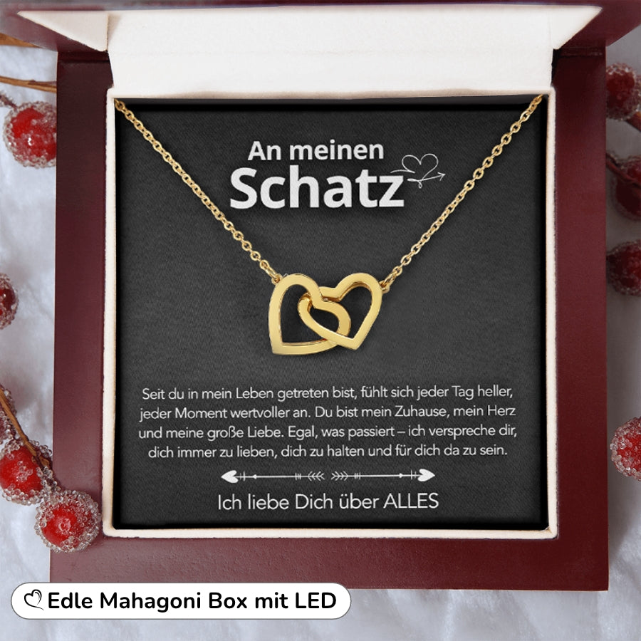 An meinen Schatz – Doppelherz Gravur in 14k Weißgold / 18k Gelbgold Veredelung