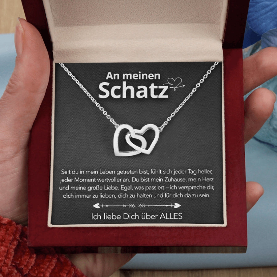An meinen Schatz – Doppelherz Gravur in 14k Weißgold / 18k Gelbgold Veredelung