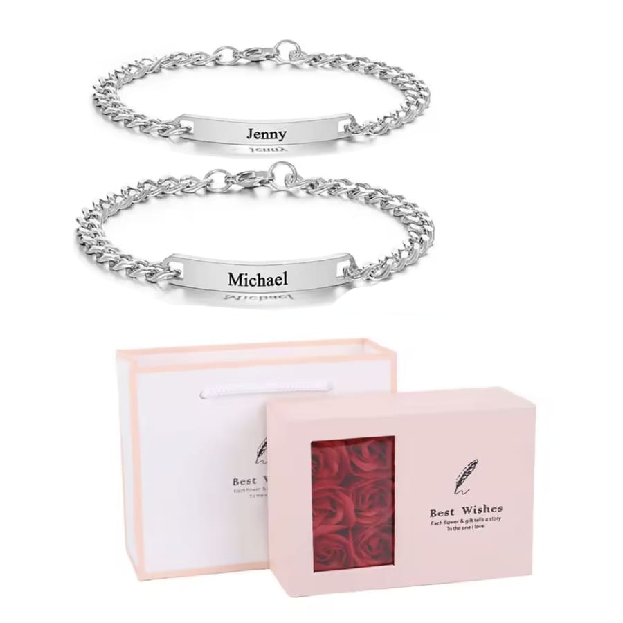 Graviertes Armband-Set für Paare – Mit ewiger Rosenbox