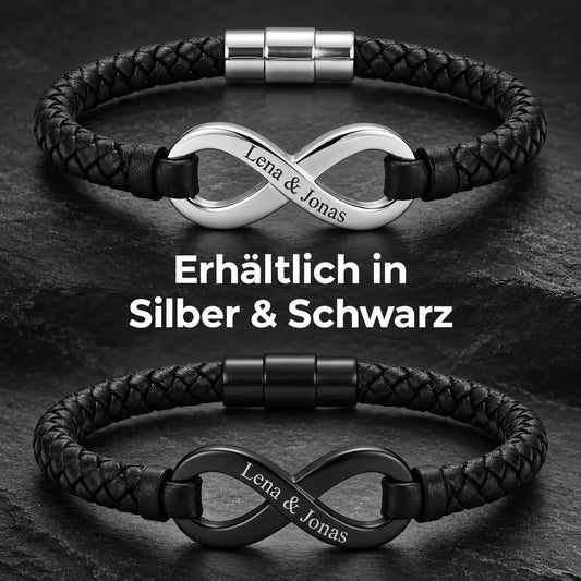 Infinity-Armband mit silbernem und schwarzem Anhänger im Vergleich, Beispielgravur Lena und Jonas