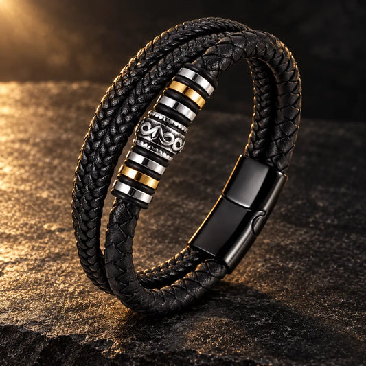 Schwarzes geflochtenes Lederarmband mit metallischen Akzenten auf dunkler Steinoberfläche