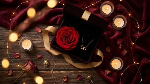 Jahrestag-Geschenk – ewige Rose in Box mit Doppelherz-Halskette bei Kerzenlicht