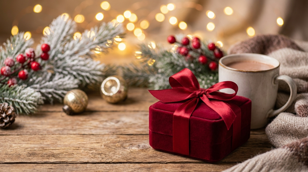 Elegante Schmuck-Geschenkbox mit roter Schleife zwischen Weihnachtslichtern