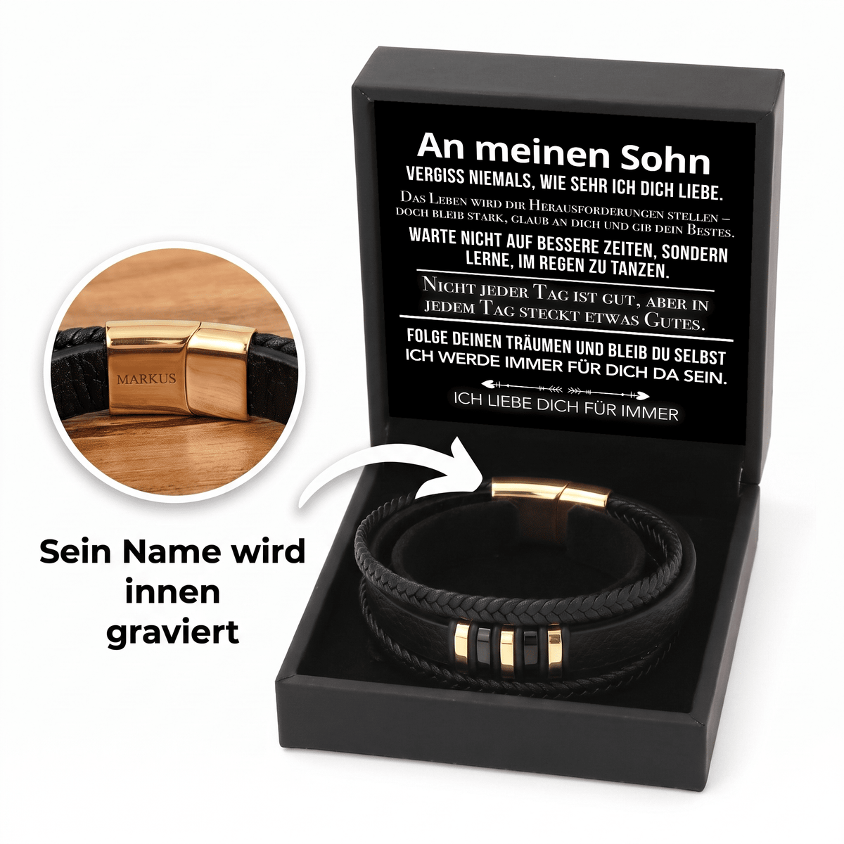 Geöffnete Holzbox mit Karte An meinen Sohn, Lederarmband mit Goldverschluss, Ausschnitt zeigt Gravur MARKUS im Verschluss