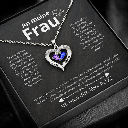 Weißgold-Herzanhänger mit zwei Geburtssteinen und Namensgravur auf der Karte An meine Frau in der Premium Box