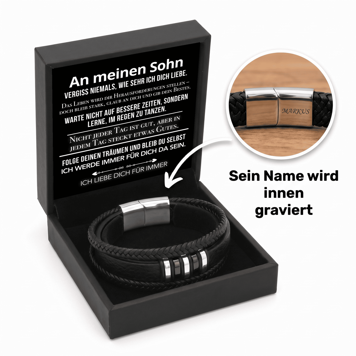 Geschenkbox mit Karte An meinen Sohn und Lederarmband mit Silberverschluss, Ausschnitt zeigt Namensgravur MARKUS