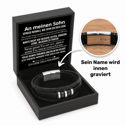 Geschenkbox mit Karte An meinen Sohn und Lederarmband mit Silberverschluss, Ausschnitt zeigt Namensgravur MARKUS