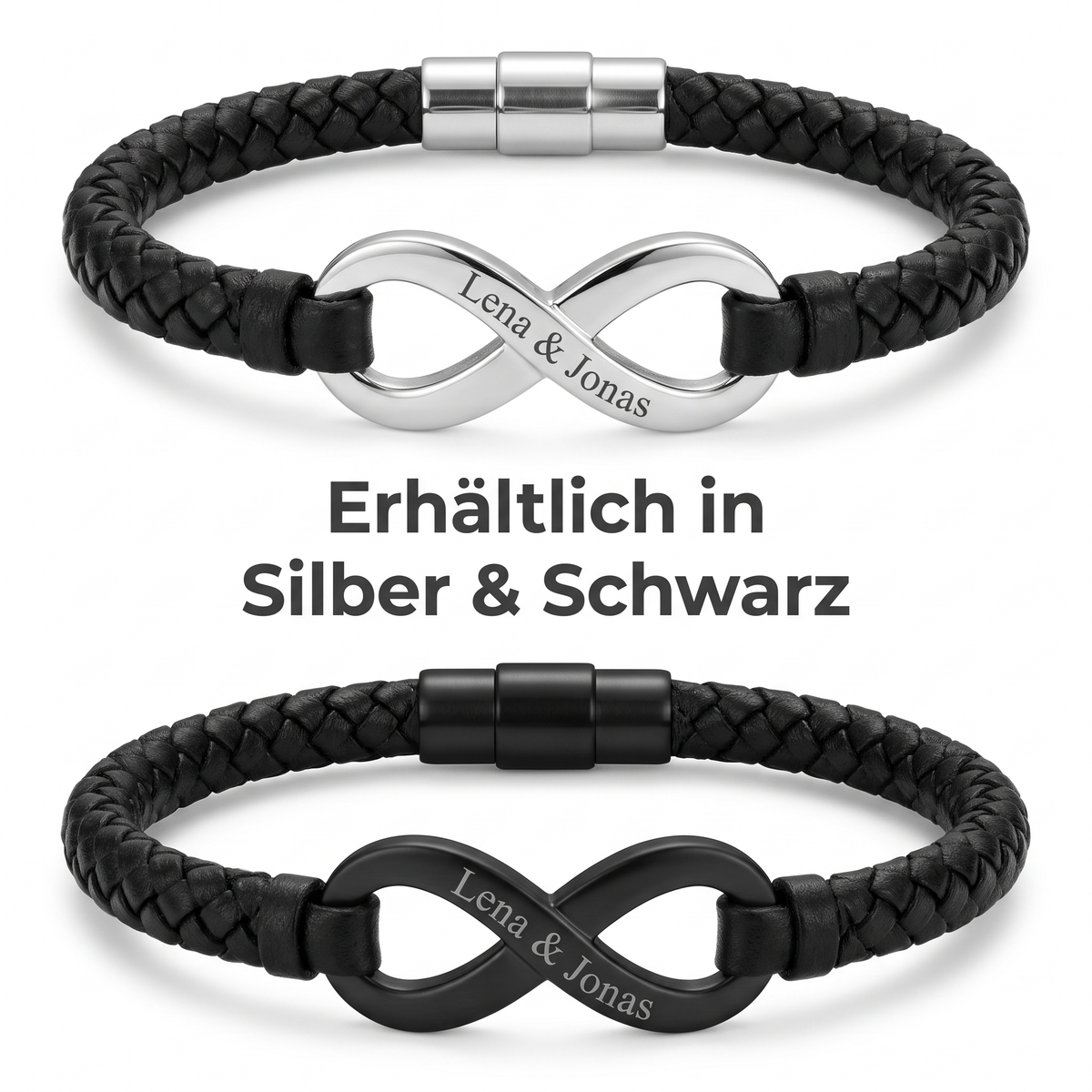 Zwei Varianten im Vergleich: Flechtarmband mit Infinity-Anhänger in Silber und in Schwarz, Gravur Lena und Jonas