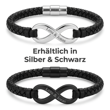 Zwei Varianten im Vergleich: Flechtarmband mit Infinity-Anhänger in Silber und in Schwarz, Gravur Lena und Jonas