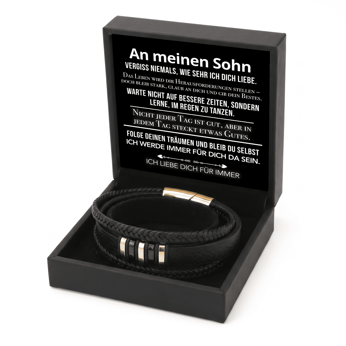 Geschenkbox schräg von vorne mit Karte An meinen Sohn und Lederarmband mit Goldverschluss vor weißem Hintergrund