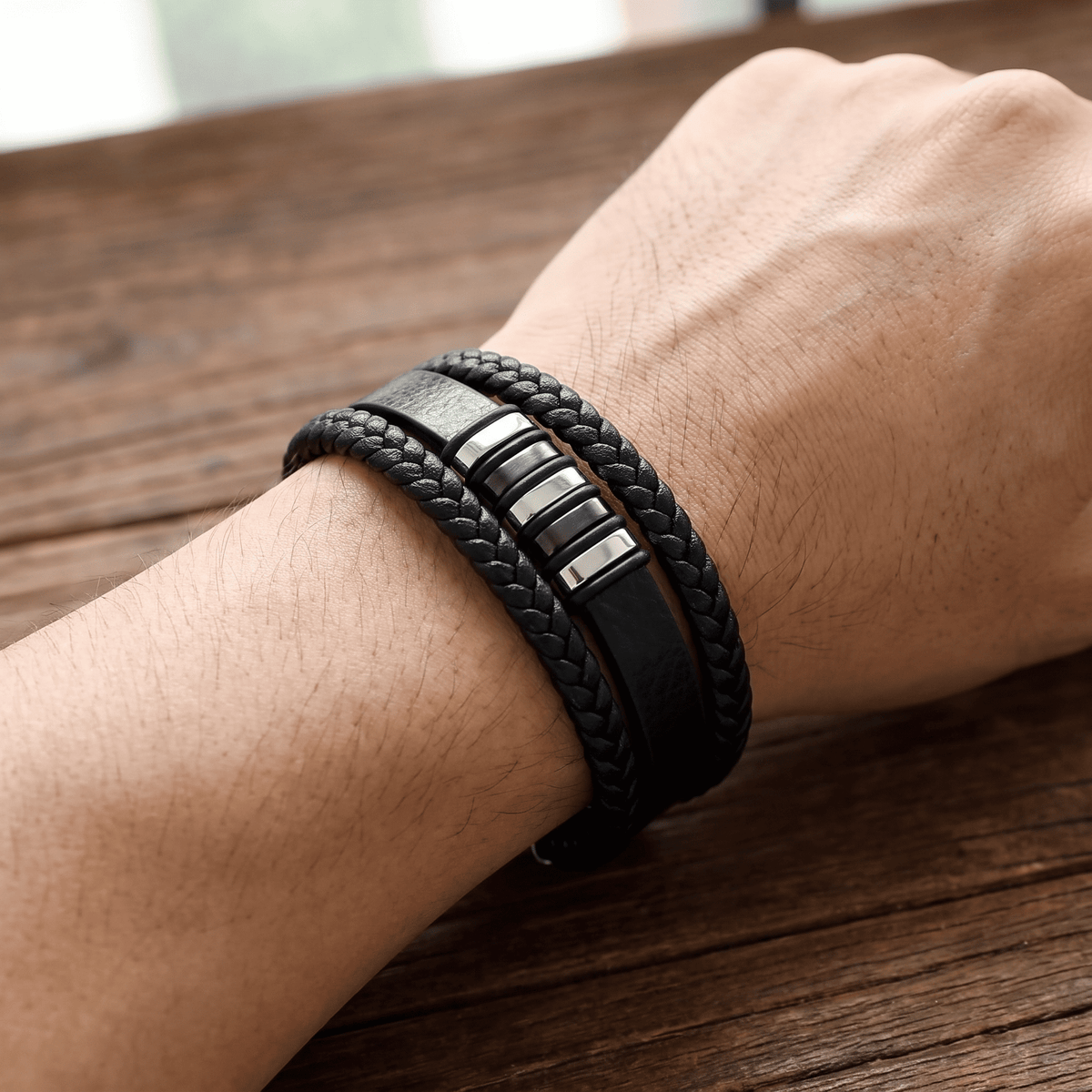 Geflochtenes Lederarmband mit Silberverschluss am Handgelenk, Nahaufnahme auf Holztisch
