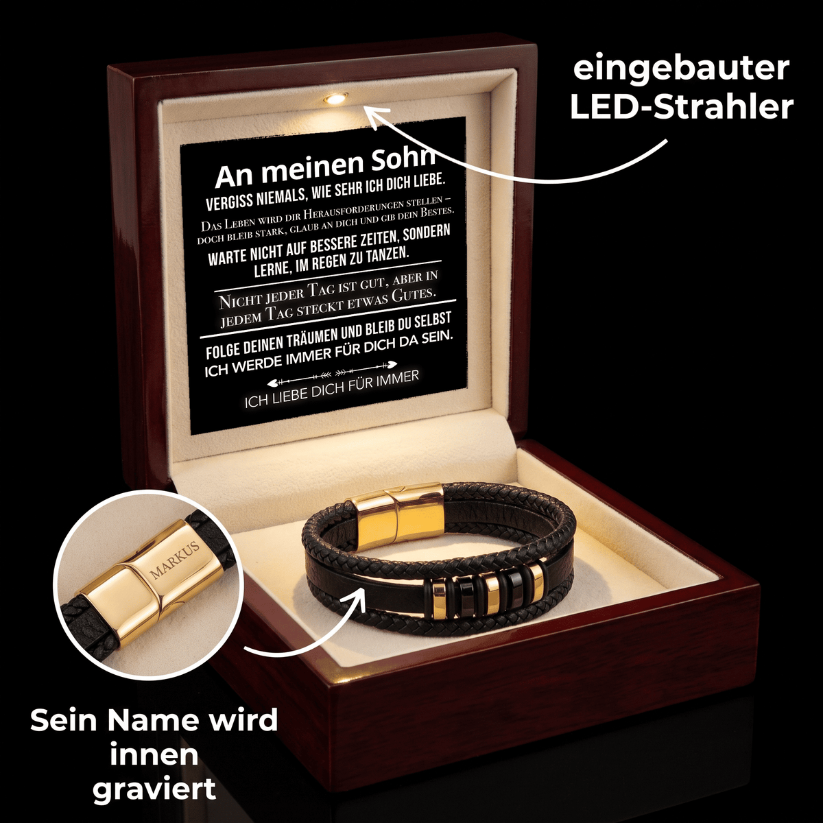 Geöffnete Holzbox mit Karte An meinen Sohn und Lederarmband mit Goldverschluss, Hinweis auf LED-Strahler und Gravur MARKUS