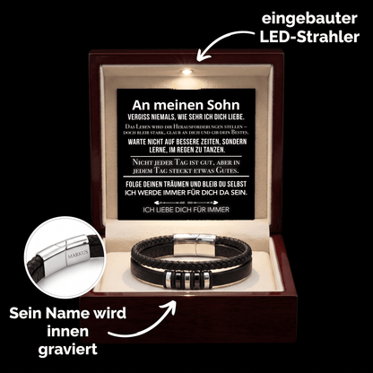 Geöffnete Holzbox mit Karte An meinen Sohn, Lederarmband mit Silberverschluss, Hinweis auf LED-Strahler und Gravur MARKUS