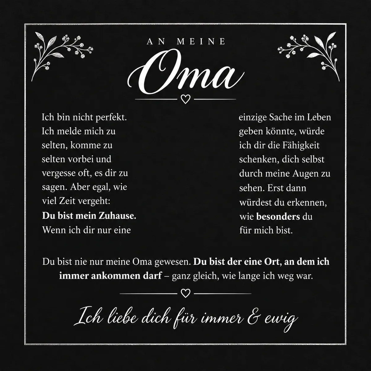 Text der Botschaftskarte An meine Oma: Du bist mein Zuhause, der eine Ort, an dem ich immer ankommen darf