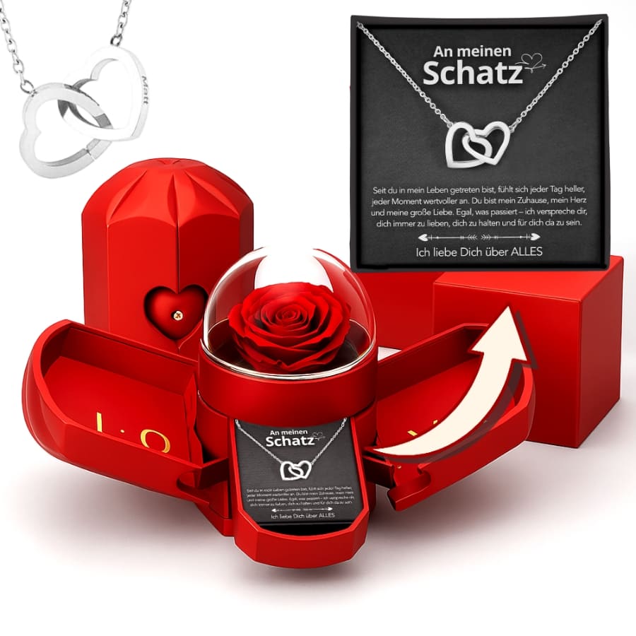 An meinen Schatz – Ewige Rose mit gravierter Doppelherz-Halskette & liebevoller Karte