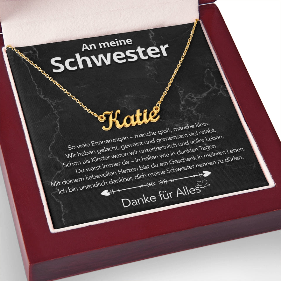 An meine Schwester - Namenskette mit liebevoller Notiz