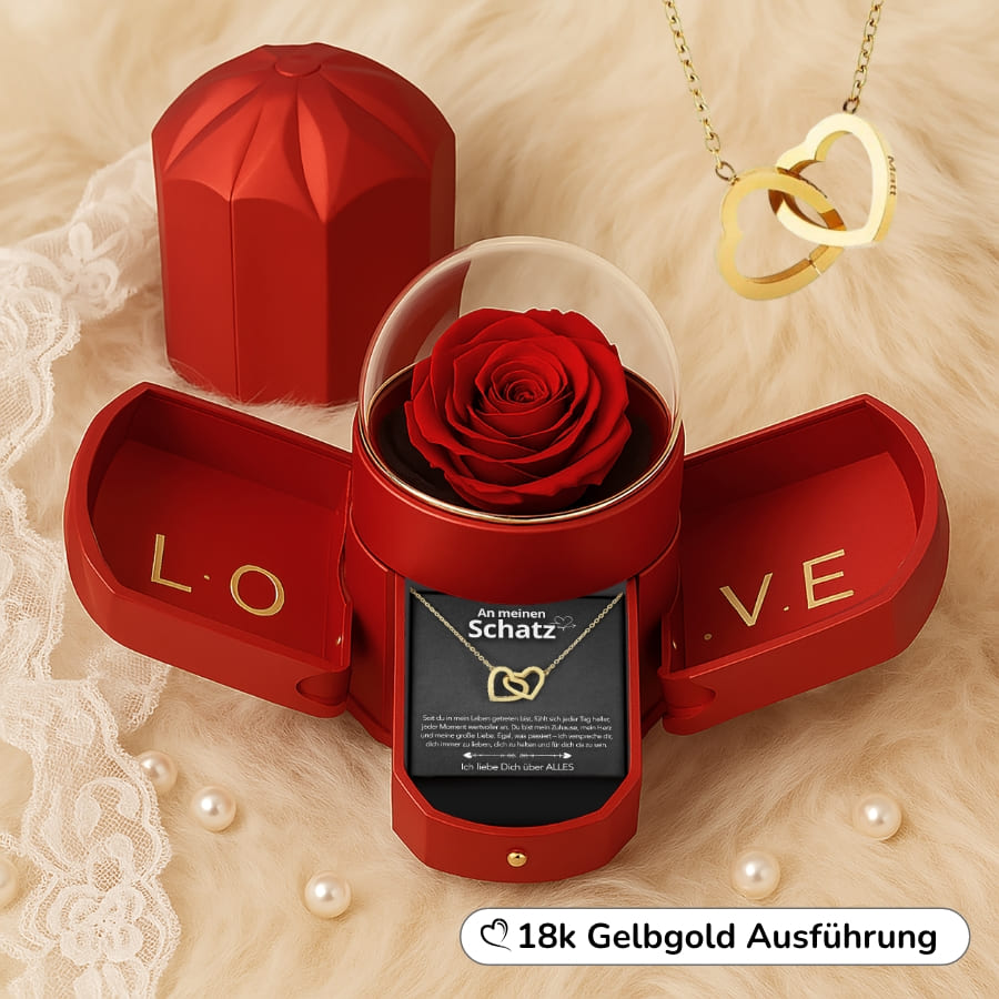 An meinen Schatz – Ewige Rose mit gravierter Doppelherz-Halskette & liebevoller Karte