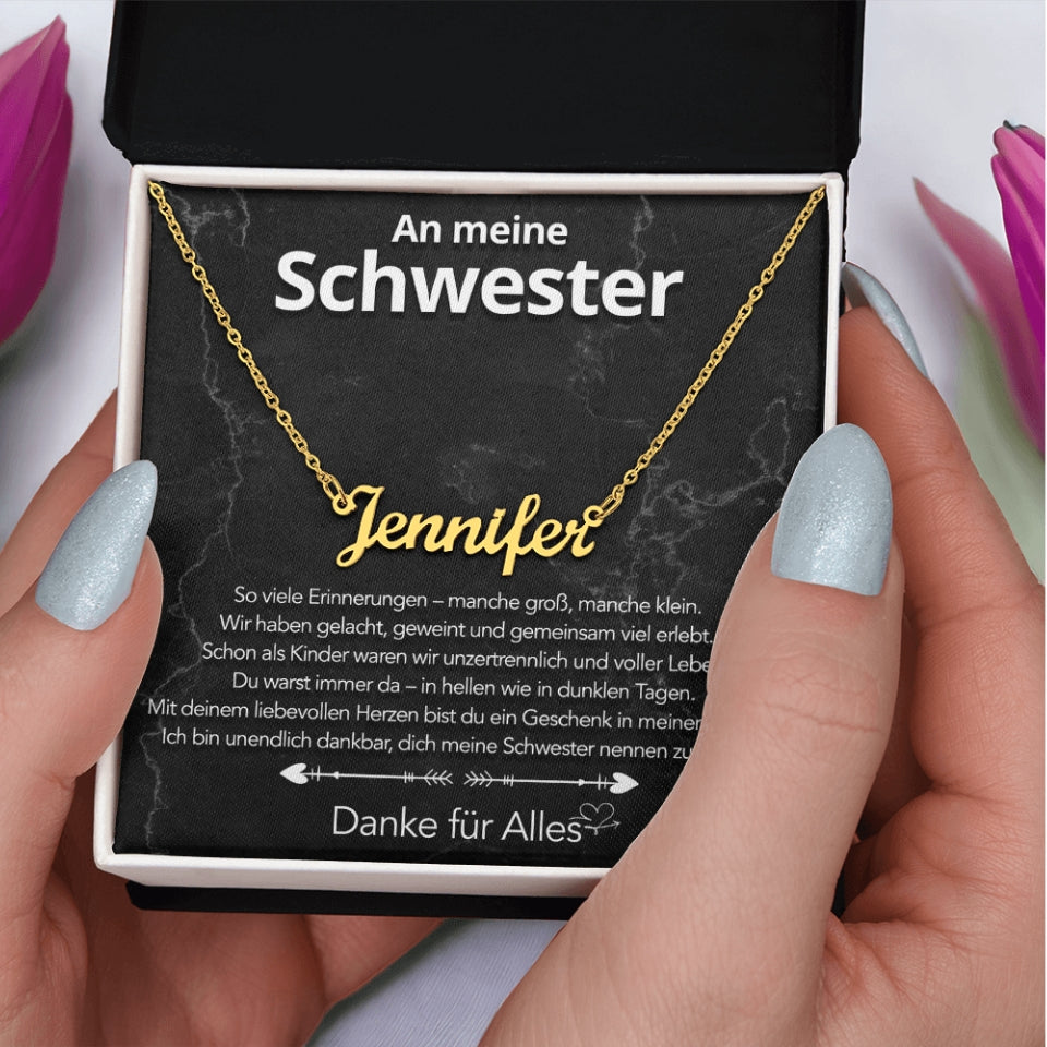 An meine Schwester - Namenskette mit liebevoller Notiz