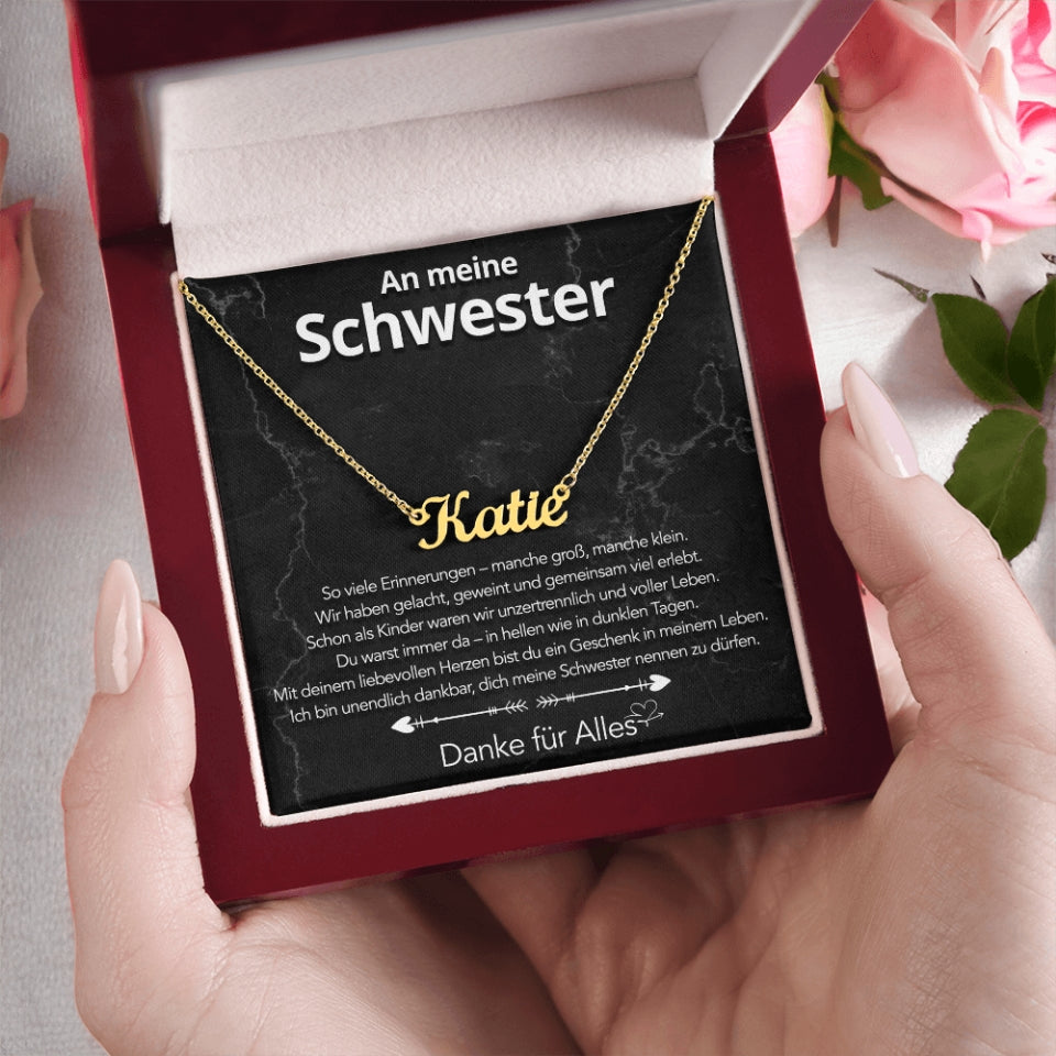 An meine Schwester - Namenskette mit liebevoller Notiz