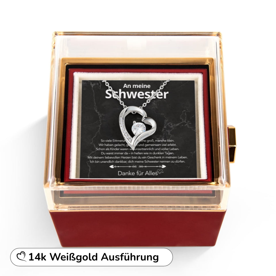 An meine Schwester – Ewige Rose mit Herzschmuck & liebevoller Karte