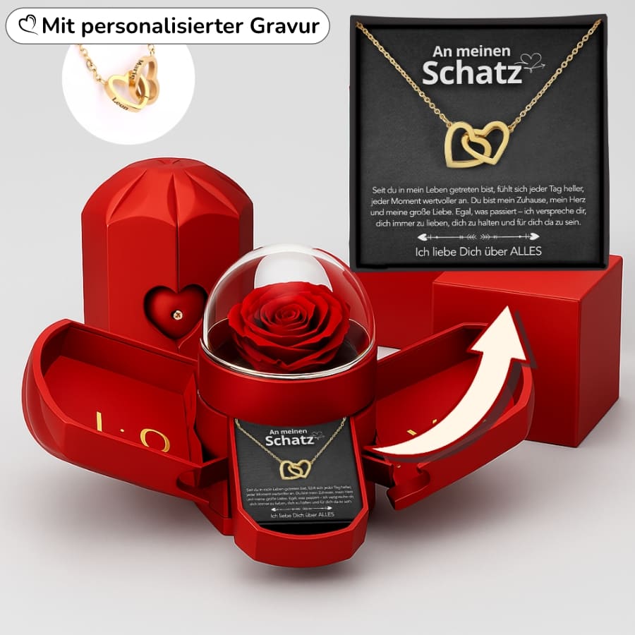 An meinen Schatz – Ewige Rose mit gravierter Doppelherz-Halskette & liebevoller Karte