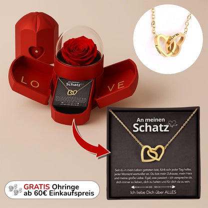 An meinen Schatz – Ewige Rose mit gravierter Doppelherz-Halskette & liebevoller Karte