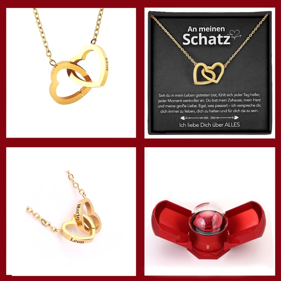 An meinen Schatz – Ewige Rose mit gravierter Doppelherz-Halskette & liebevoller Karte