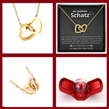 An meinen Schatz – Ewige Rose mit gravierter Doppelherz-Halskette & liebevoller Karte