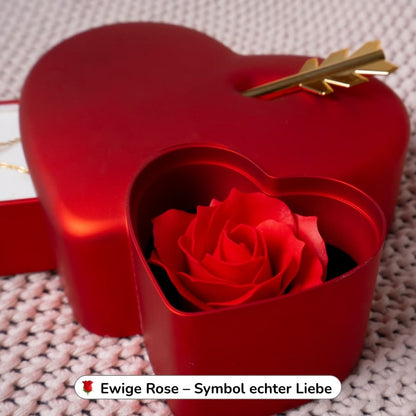 Ewige Amor-Rosenbox mit gravierter Doppelherz-Halskette
