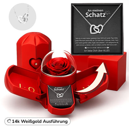 An meinen Schatz – Ewige Rose mit gravierter Doppelherz-Halskette & liebevoller Karte