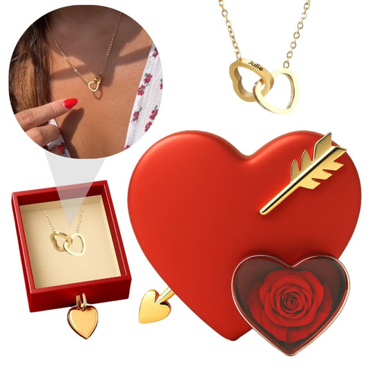 Ewige Amor Rosenbox - Mit 14k Weißgold Doppelherz Halskette