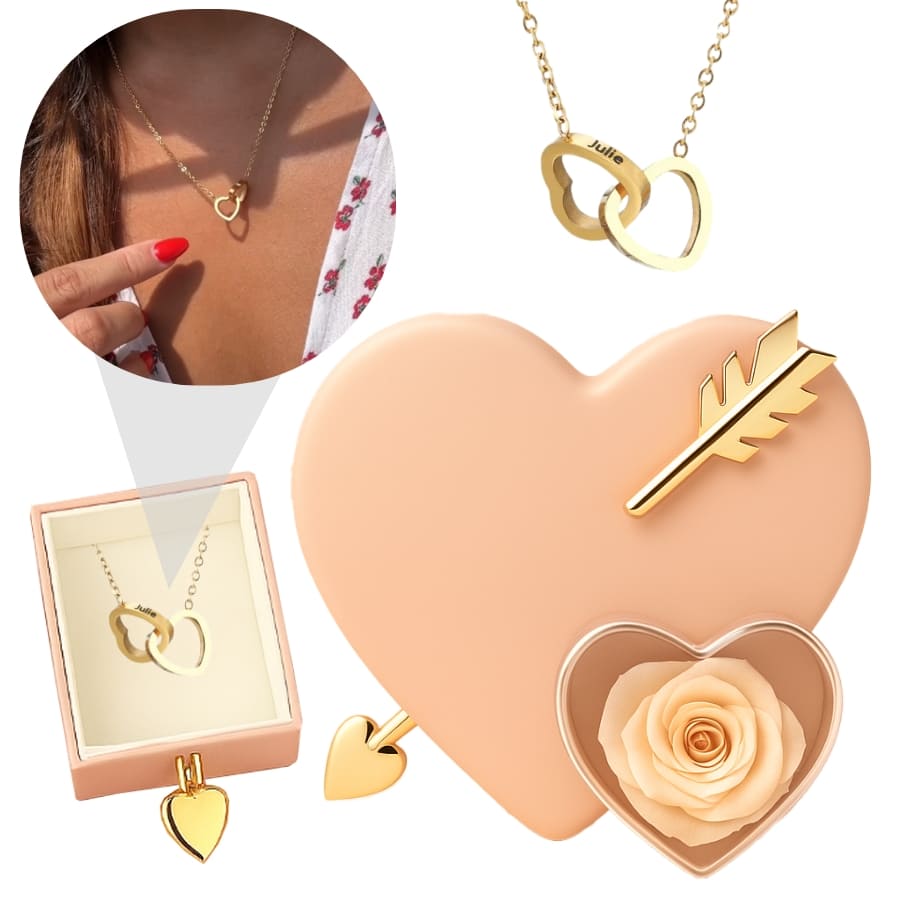 Ewige Amor Rosenbox - Mit 14k Weißgold Doppelherz Halskette