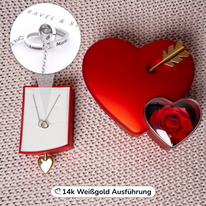 Ewige Amor-Rosenbox mit gravierter Doppelherz-Halskette