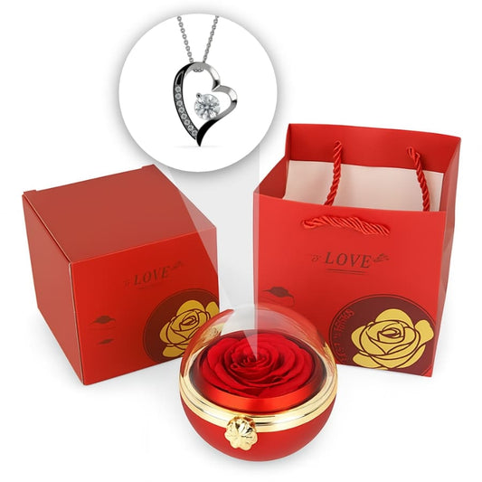 Ewige Rosen-Drehkugel mit Herzschmuck in 14k Weißgold Veredelung