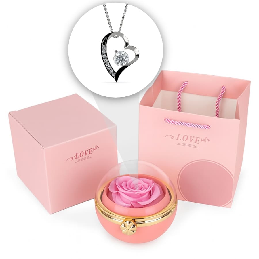 Ewige Rosen-Drehkugel mit Herzschmuck in 14k Weißgold Veredelung