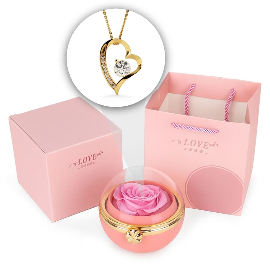 Ewige Rosen-Drehkugel mit Herzschmuck in 14k Weißgold Veredelung
