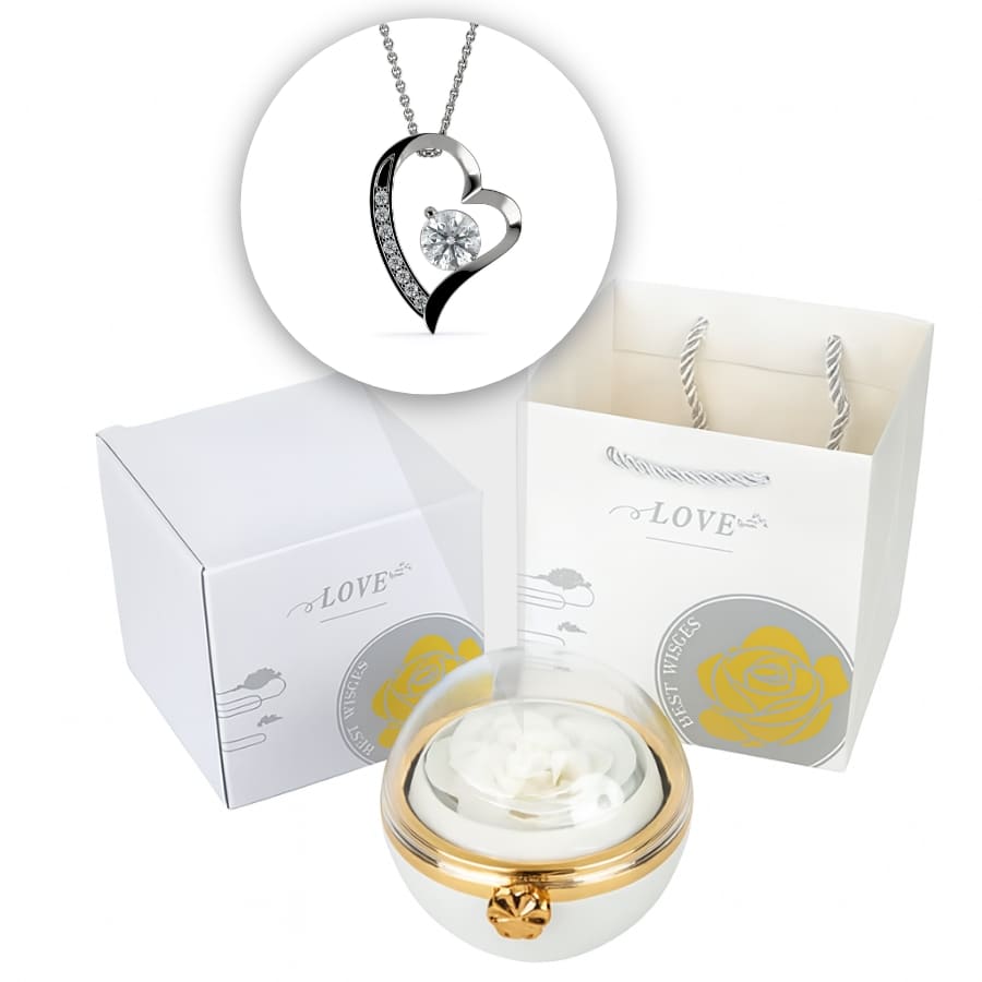 Ewige Rosen-Drehkugel mit Herzschmuck in 14k Weißgold Veredelung