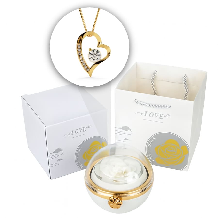 Ewige Rosen-Drehkugel mit Herzschmuck in 14k Weißgold Veredelung
