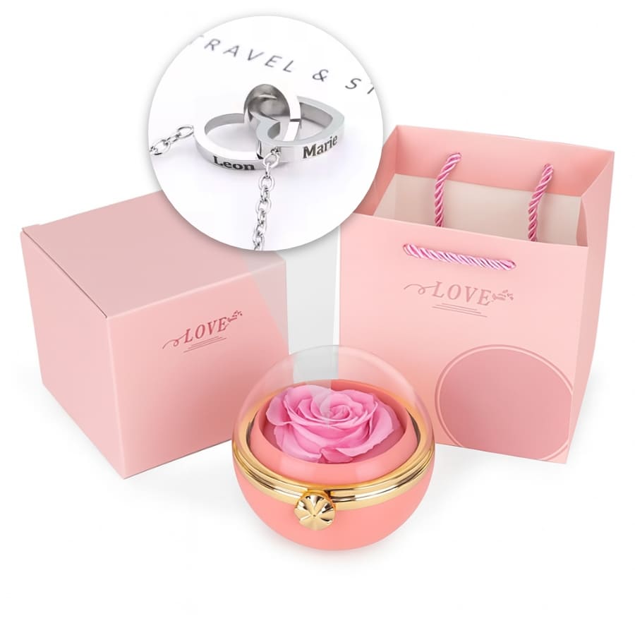 Ewige Rosen-Drehkugel mit gravierter Doppelherz-Halskette