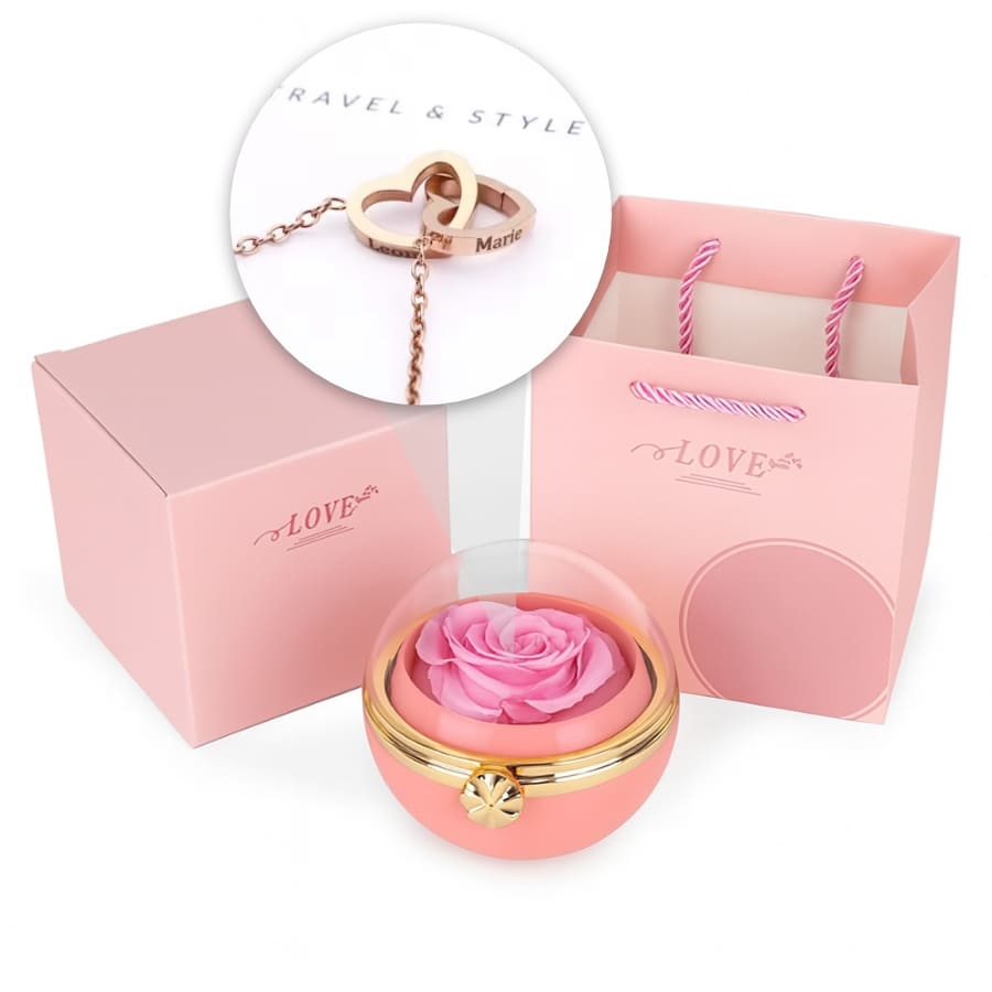 Ewige Rosen-Drehkugel mit gravierter Doppelherz-Halskette