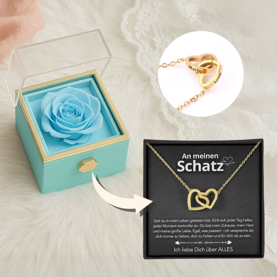 An meinen Schatz – Ewige Rosenbox mit gravierter Doppelherz-Halskette